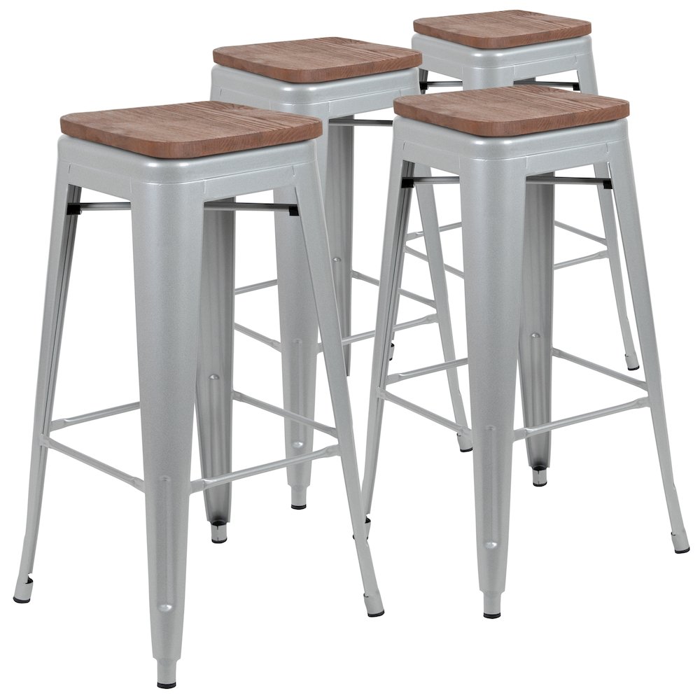 30″ High Metal Indoor Bar Stool with Wood Seat in Silver – Stackable Set of 4
