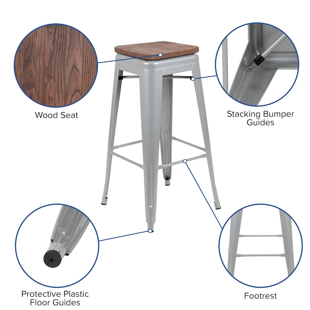 30″ High Metal Indoor Bar Stool with Wood Seat in Silver – Stackable Set of 4