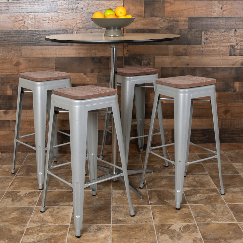 30″ High Metal Indoor Bar Stool with Wood Seat in Silver – Stackable Set of 4