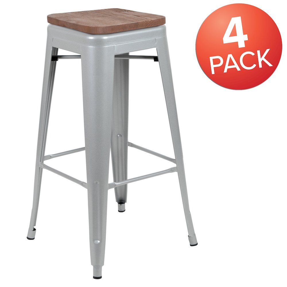 30″ High Metal Indoor Bar Stool with Wood Seat in Silver – Stackable Set of 4