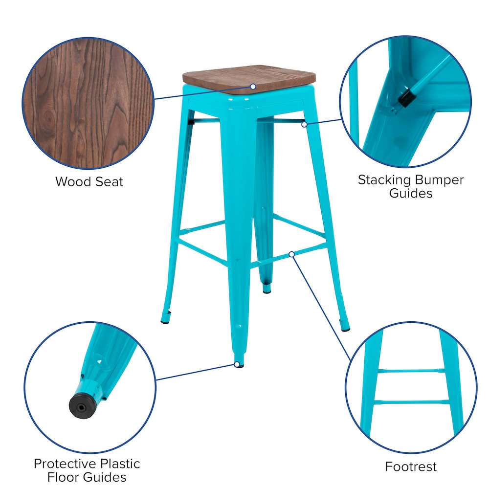 Set of 4 Modern Industrial Metal Stools  in Teal