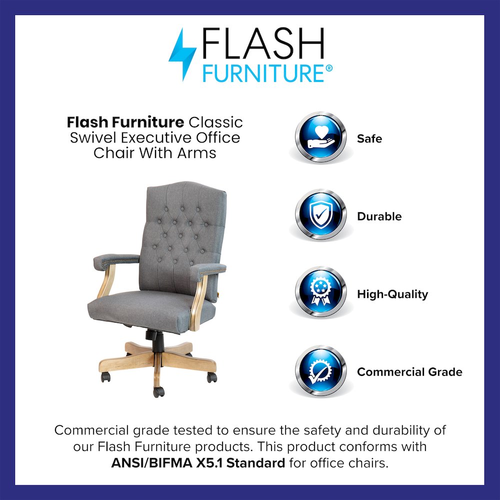 Gray Fabric Classic Executive Swivel Office Chair with Driftwood Arms and Base