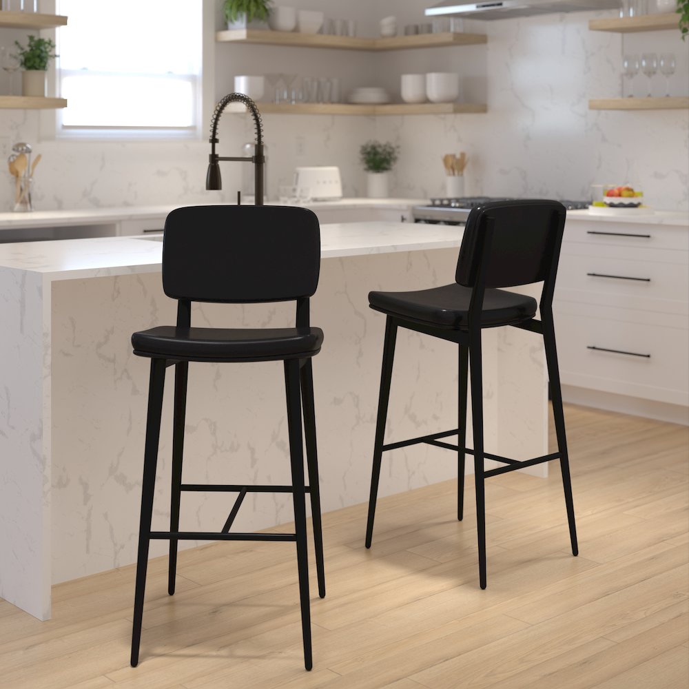 Mid-Back Barstools – Black Upholstery – Black Iron Frame – Set of 2
