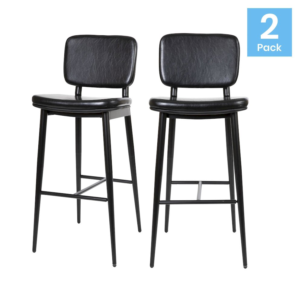 Mid-Back Barstools – Black Upholstery – Black Iron Frame – Set of 2