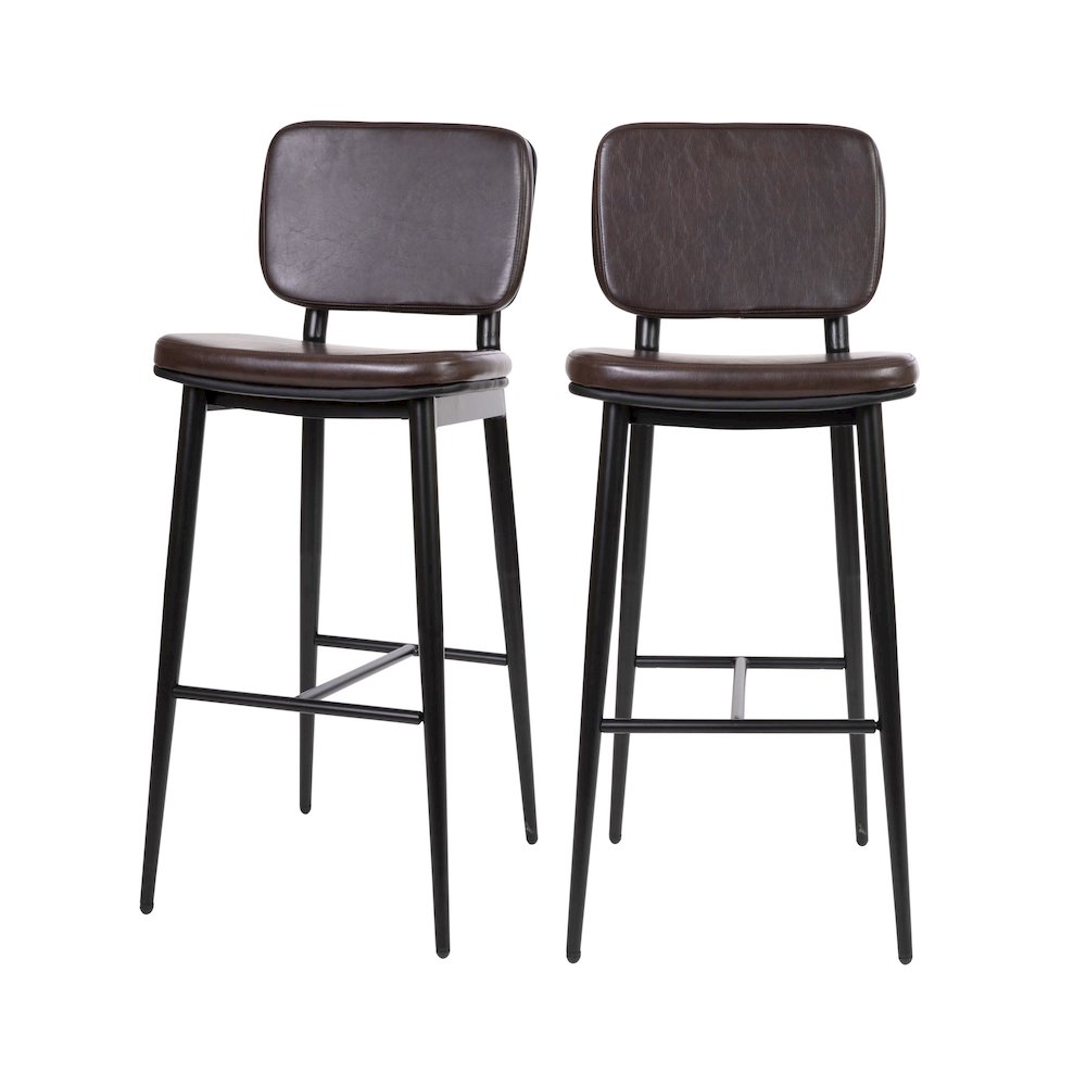 Mid-Back Barstools – Brown Upholstery – Black Iron Frame – Set of 2