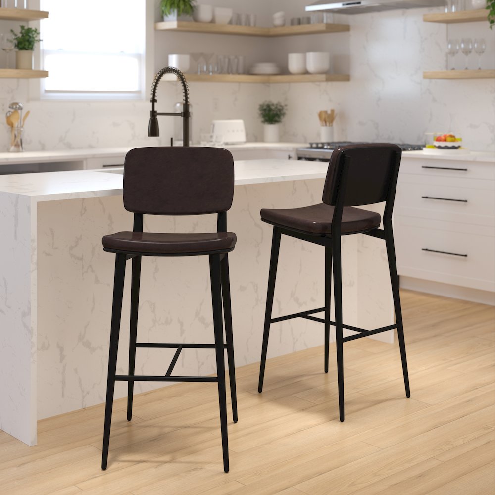 Mid-Back Barstools – Brown Upholstery – Black Iron Frame – Set of 2