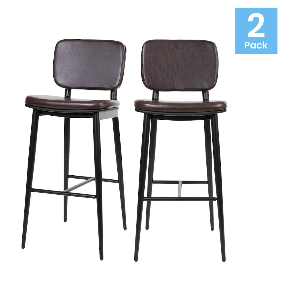 Mid-Back Barstools – Brown Upholstery – Black Iron Frame – Set of 2