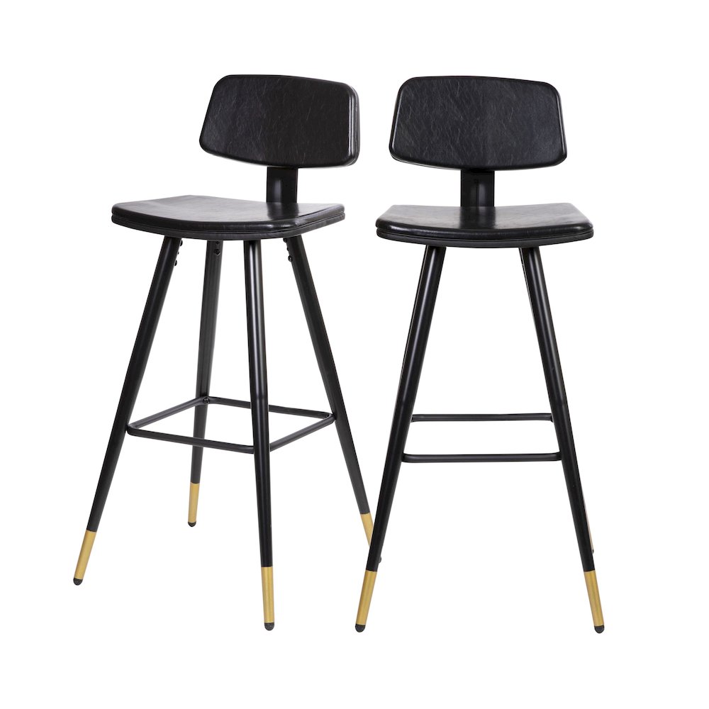 Low Back Barstools-Black Upholstery-Black Iron Frame–Set of 2