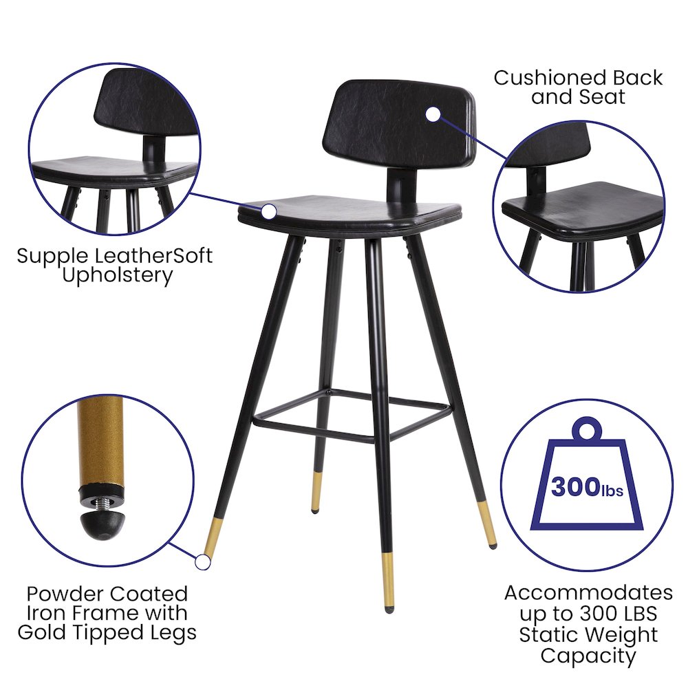 Low Back Barstools-Black Upholstery-Black Iron Frame–Set of 2
