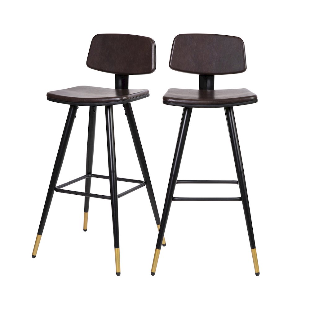 Low Back Barstools-Brown Upholstery-Black Iron Frame–Set of 2