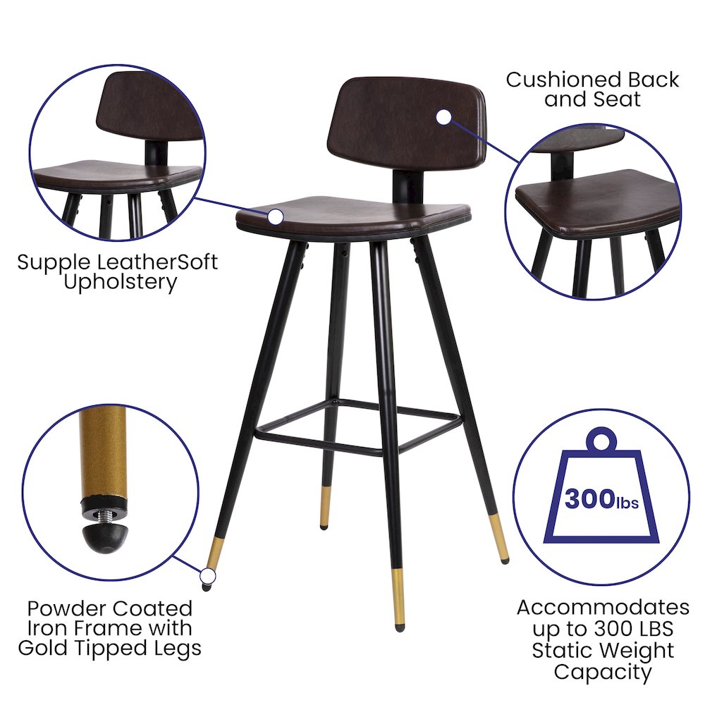 Low Back Barstools-Brown Upholstery-Black Iron Frame–Set of 2