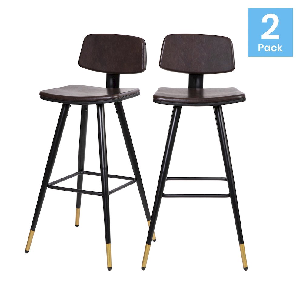 Low Back Barstools-Brown Upholstery-Black Iron Frame–Set of 2