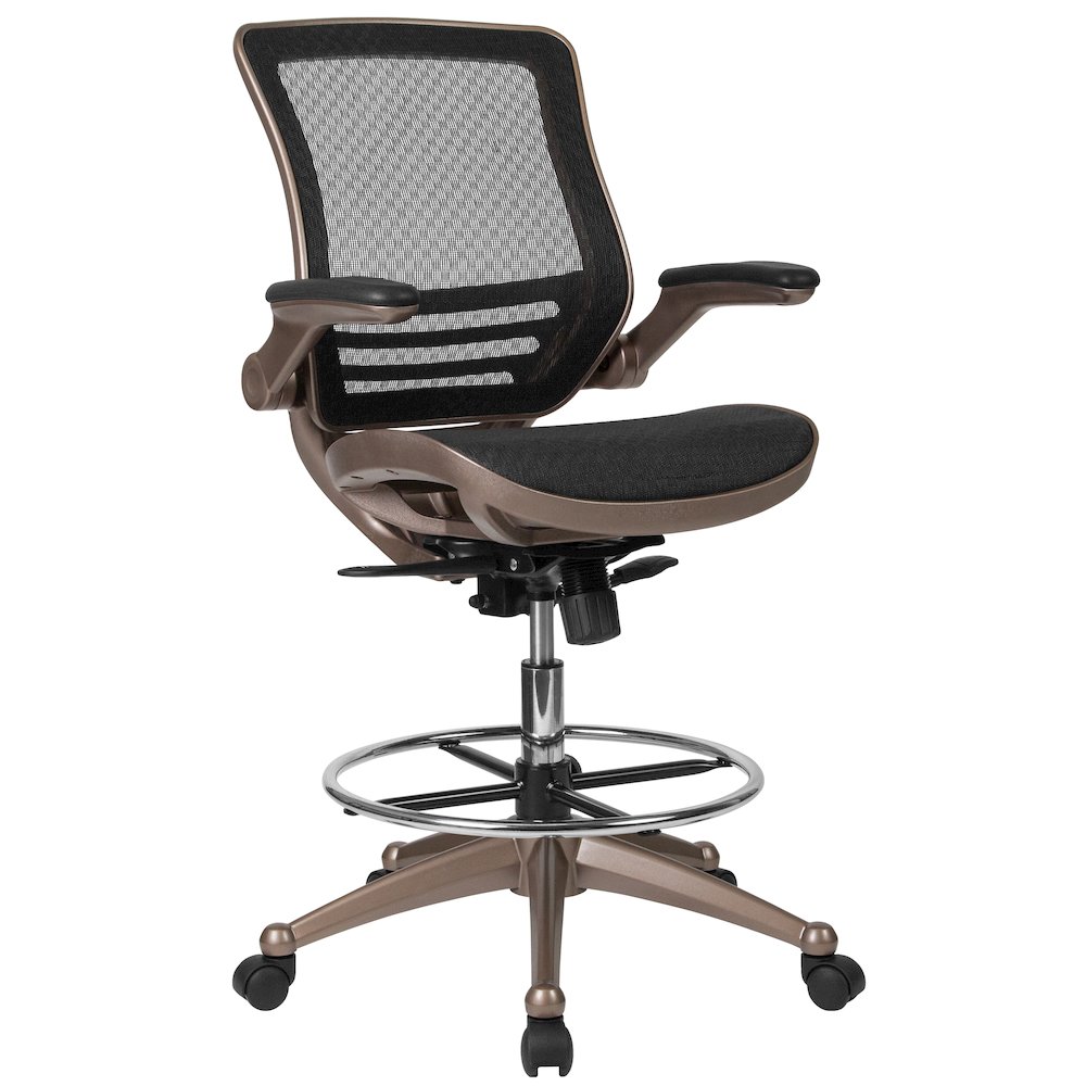 Mid-Back Black Mesh Drafting Chair with Melrose Gold Frame and Flip-Up Arms