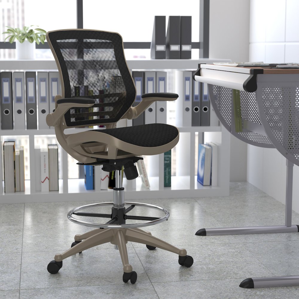 Mid-Back Black Mesh Drafting Chair with Melrose Gold Frame and Flip-Up Arms