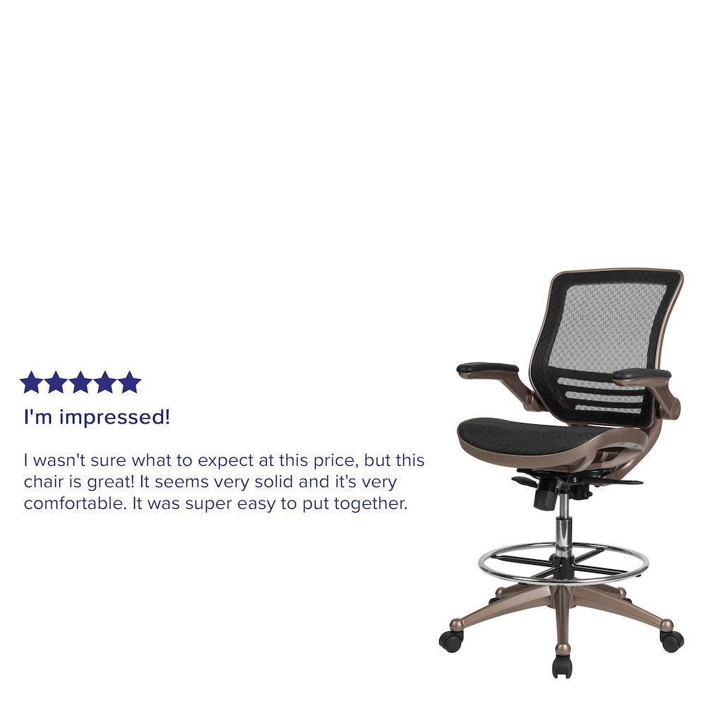 Mid-Back Black Mesh Drafting Chair with Melrose Gold Frame and Flip-Up Arms