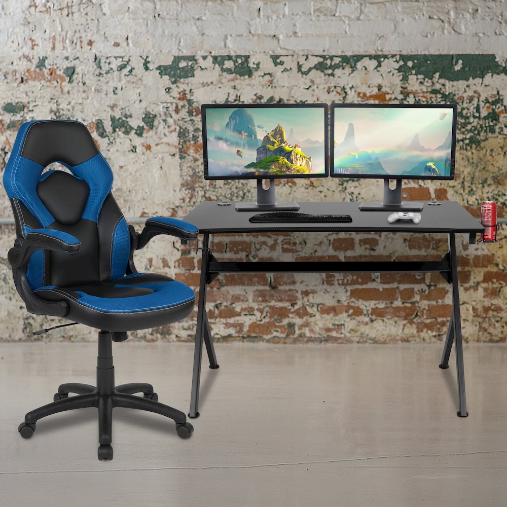 Black Gaming Desk and Blue and Black Racing Chair Set