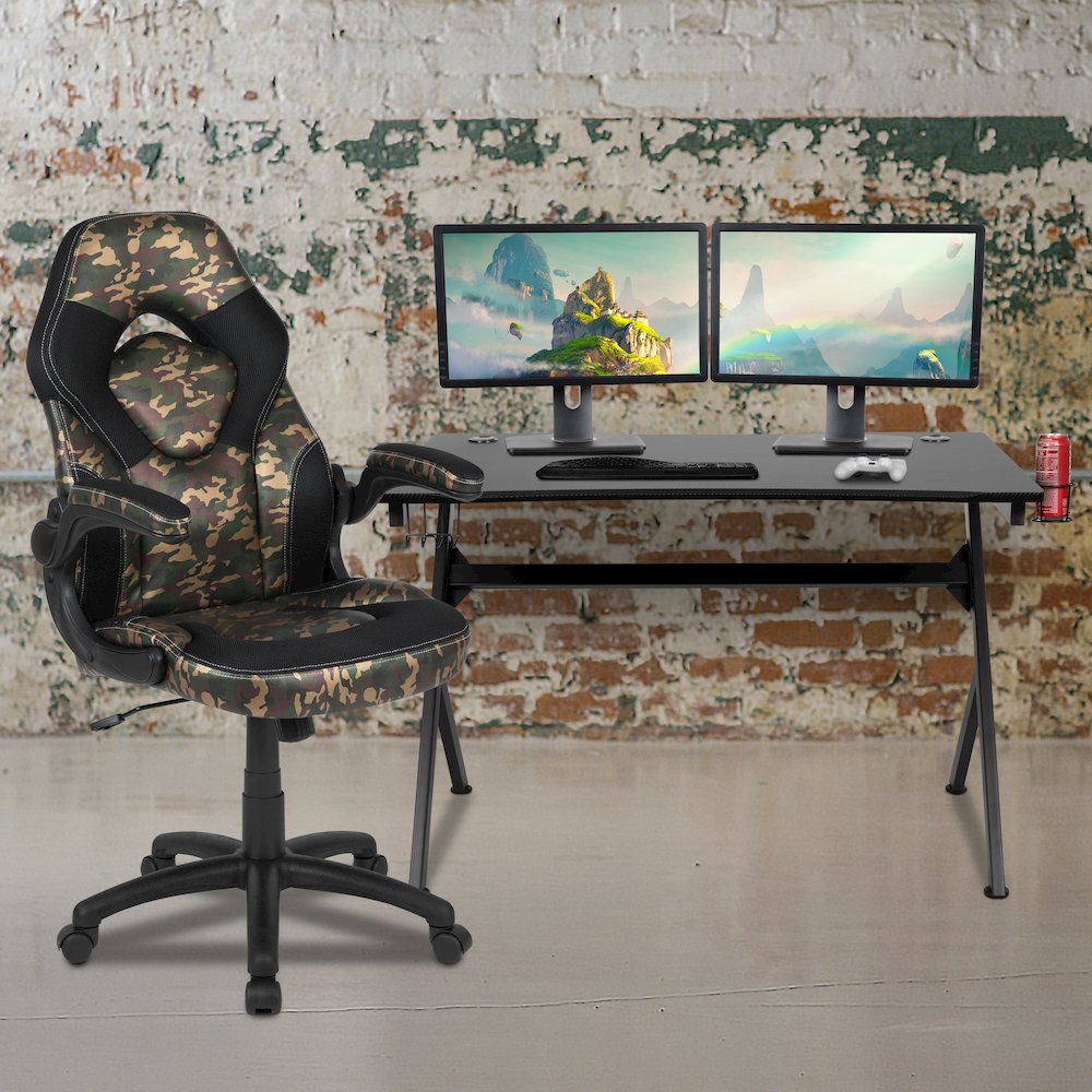 Black Gaming Desk and Camouflage/Black Racing Chair Set