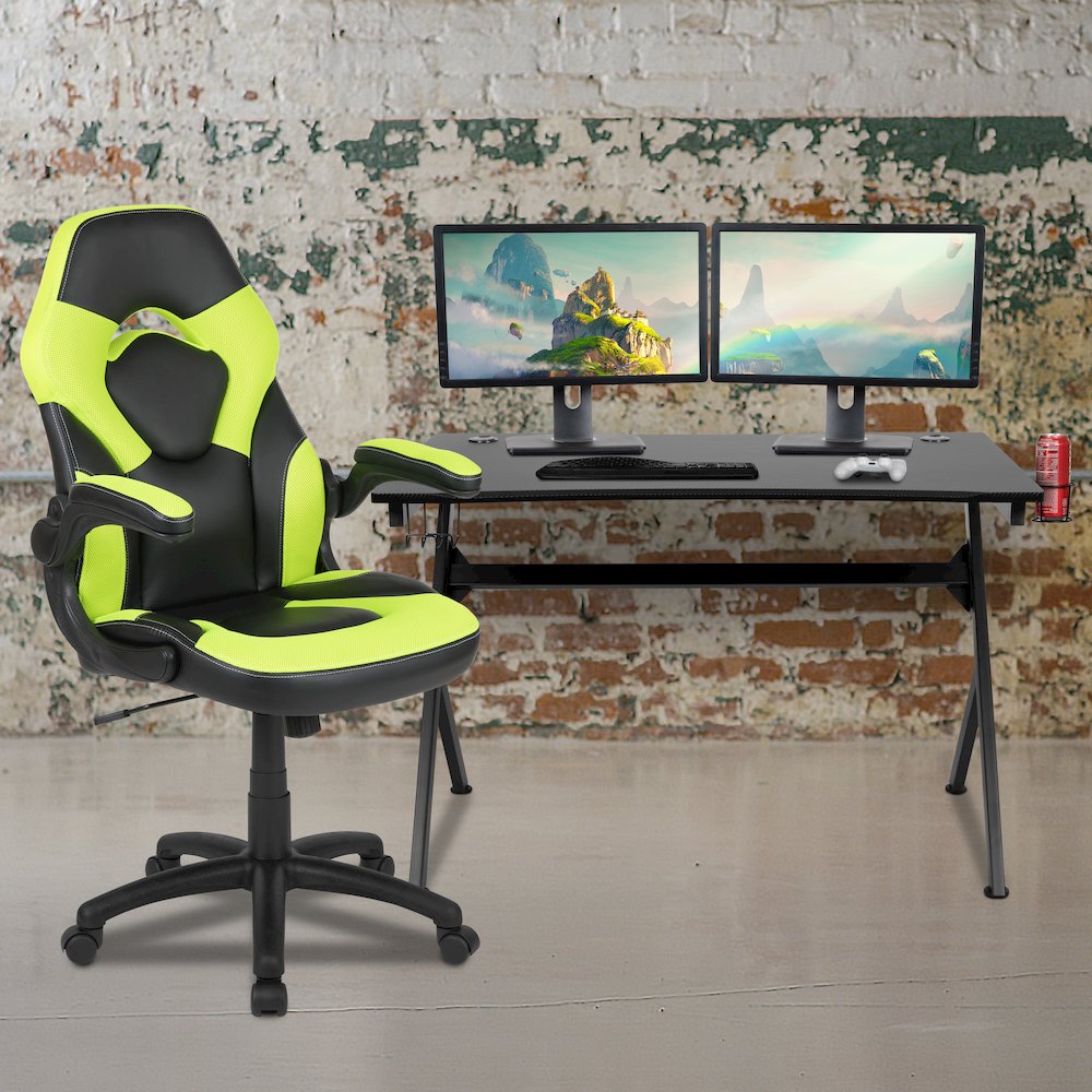Black Gaming Desk and Green/Black Racing Chair Set