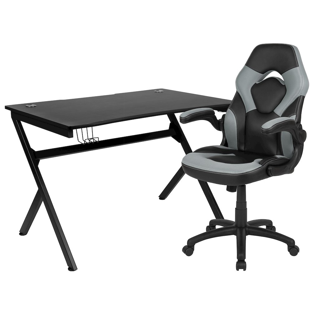 Black Gaming Desk and Gray/Black Racing Chair Set