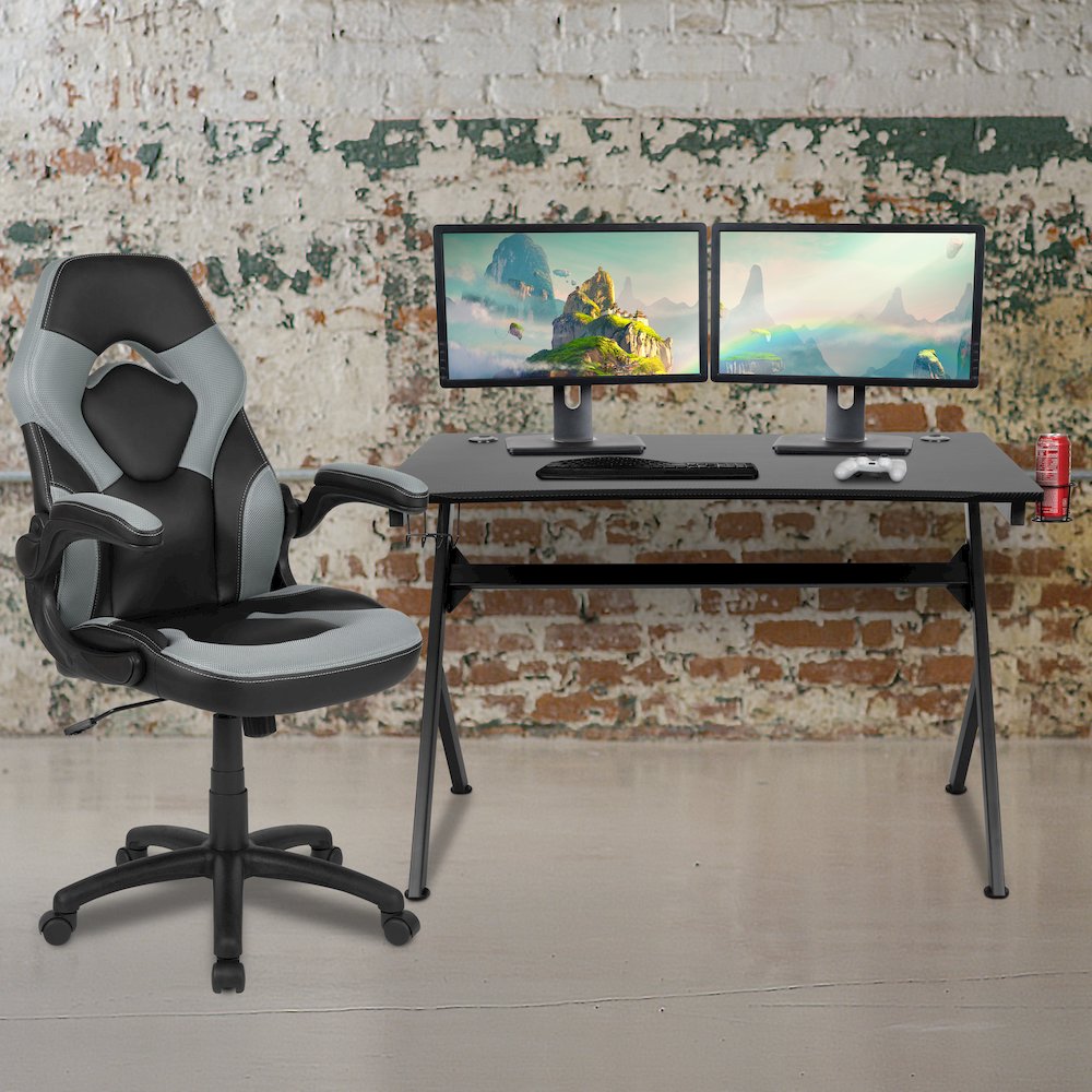 Black Gaming Desk and Gray/Black Racing Chair Set