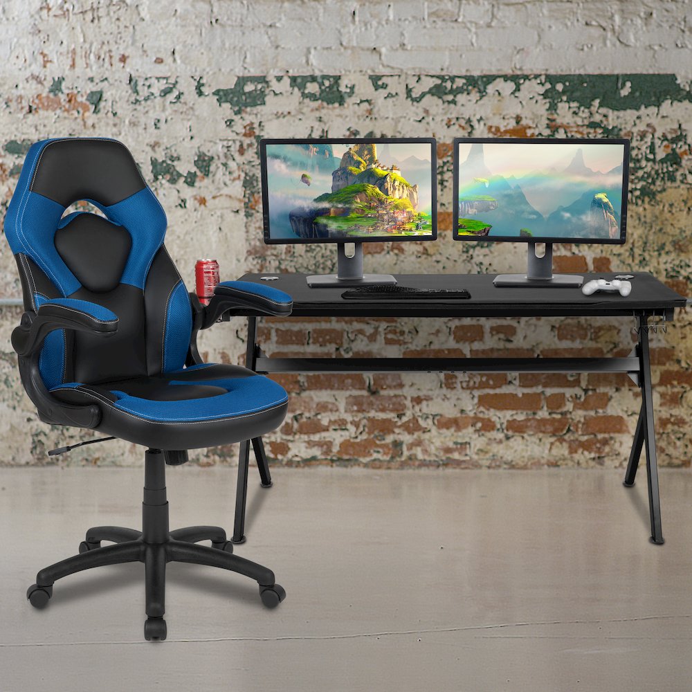 Gaming Desk and Blue/Black Racing Chair Set