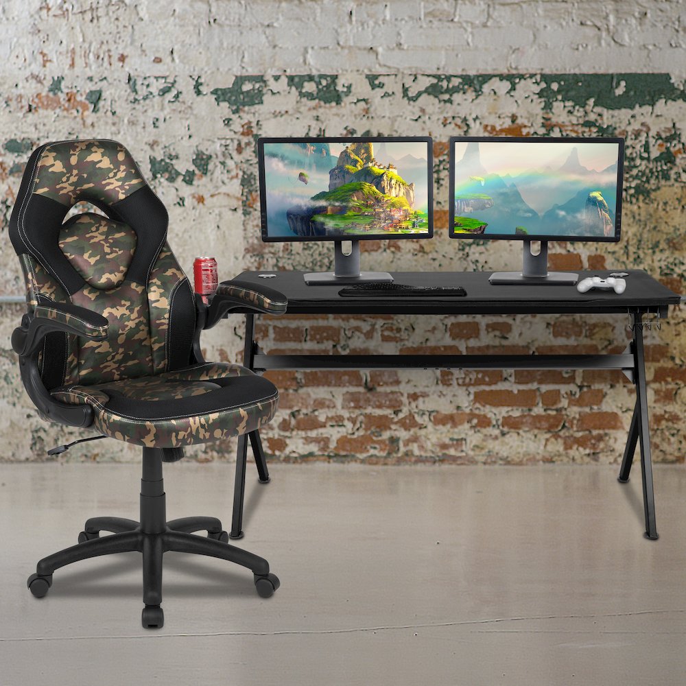 Gaming Desk and Camouflage/Black Racing Chair Set