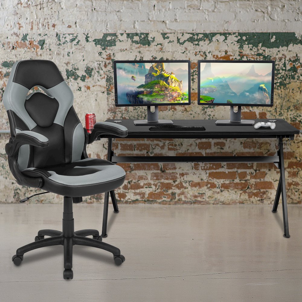 Gaming Desk and Gray/Black Racing Chair Set