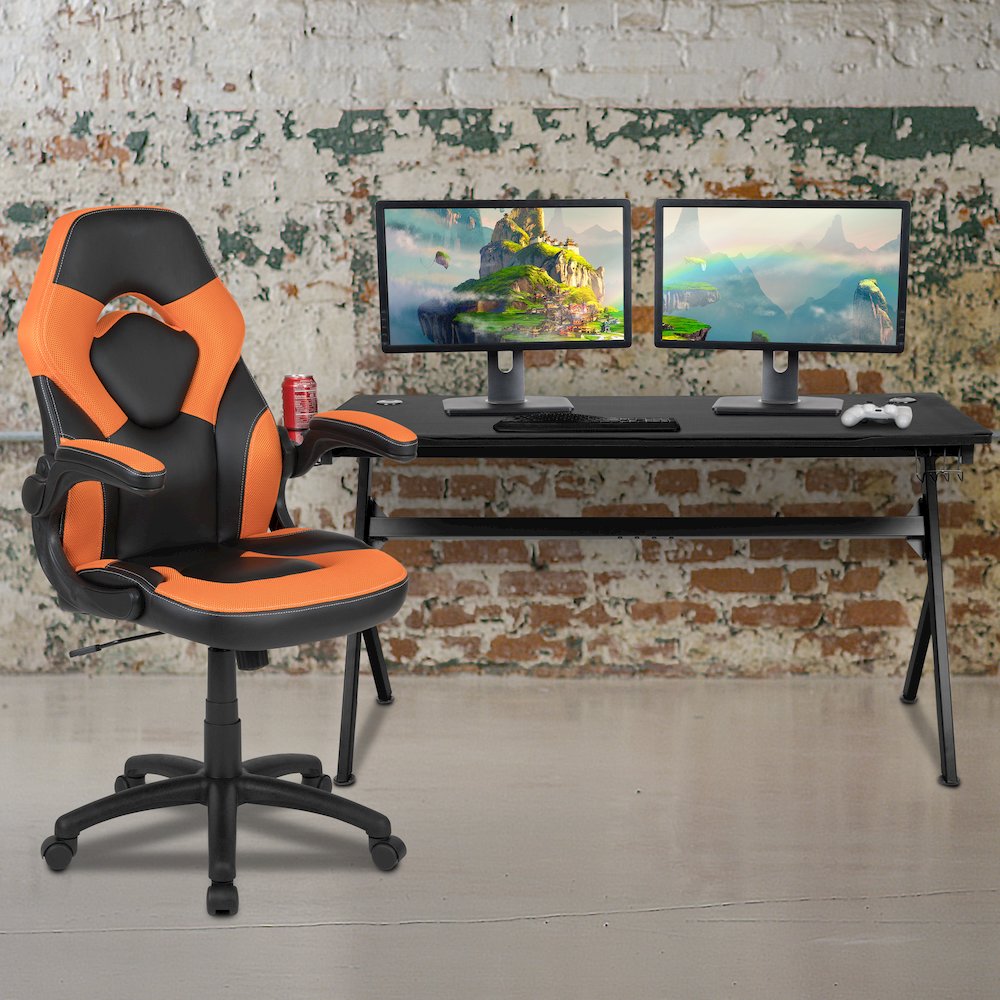 Gaming Desk and Orange/Black Racing Chair Set