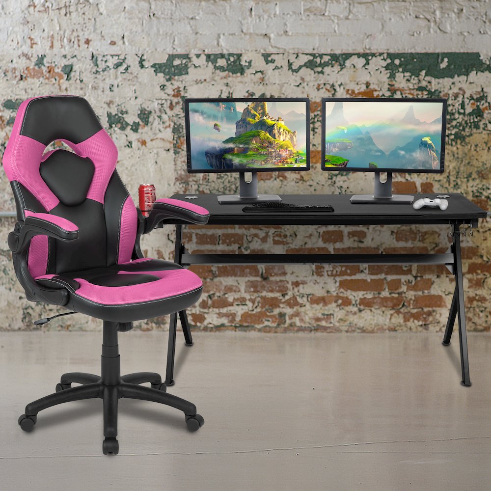 Gaming Desk and Pink/Black Racing Chair Set