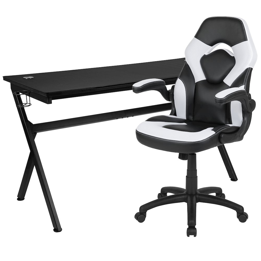Gaming Desk and White/Black Racing Chair Set