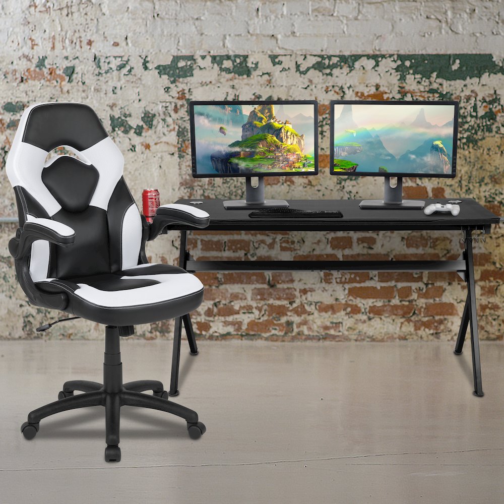 Gaming Desk and White/Black Racing Chair Set