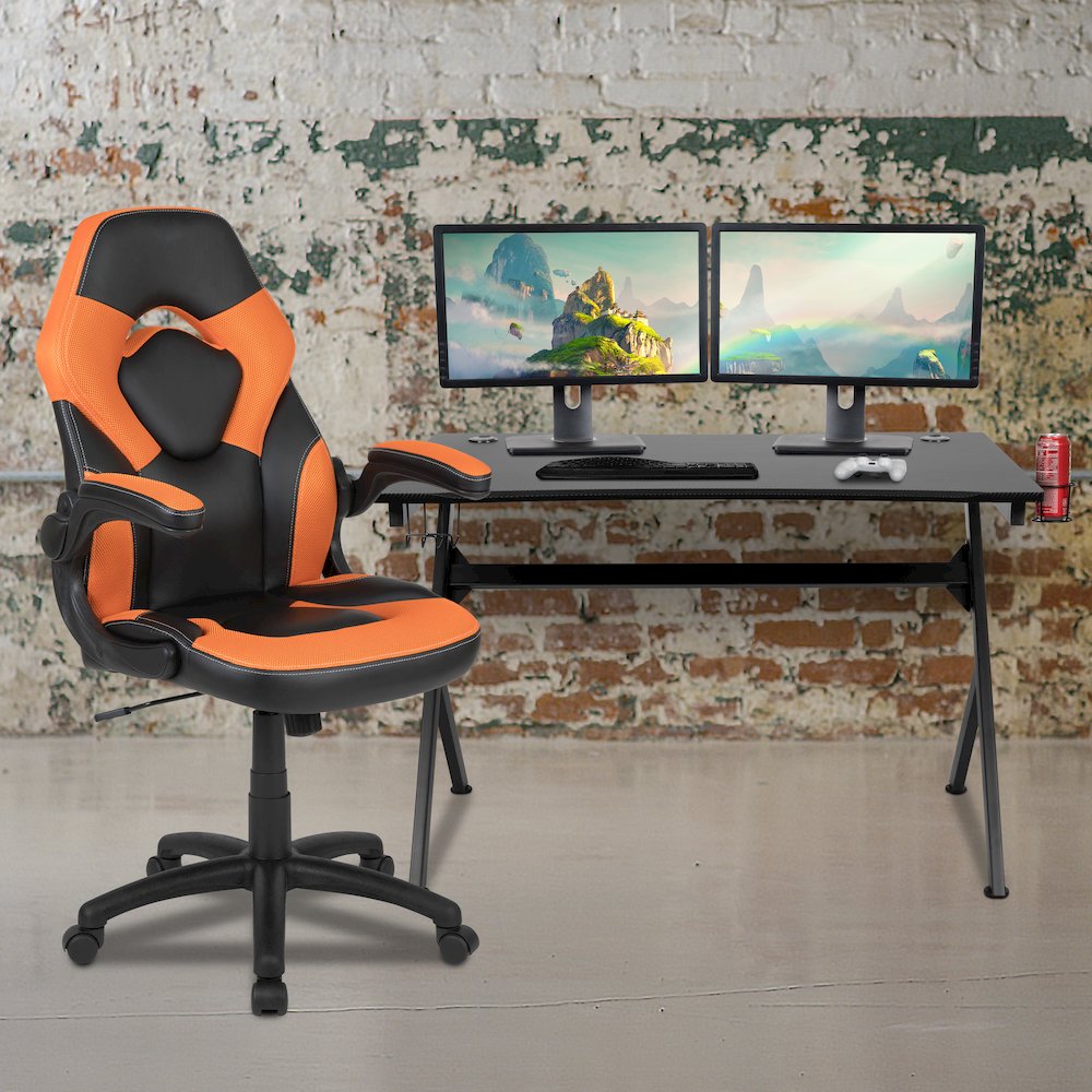 Black Gaming Desk and Orange/Black Racing Chair Set