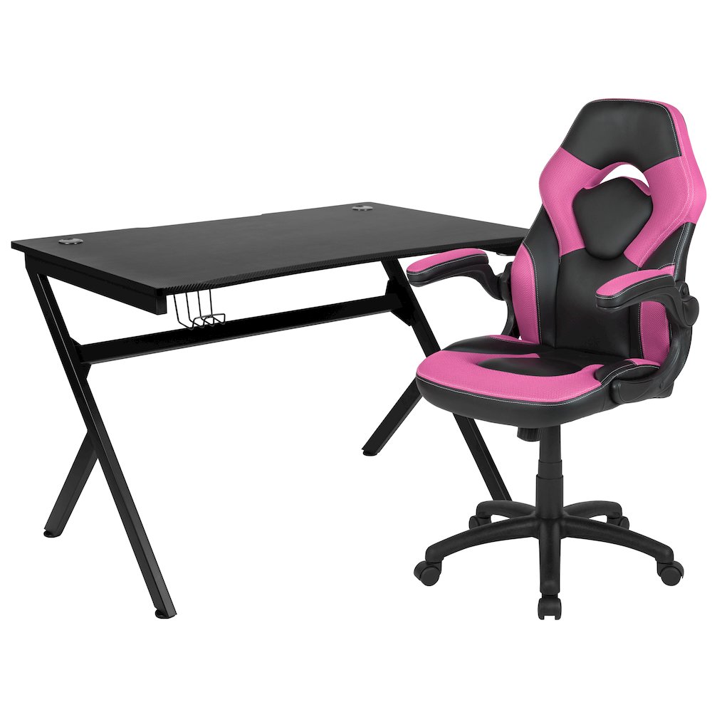 Black Gaming Desk and Pink/Black Racing Chair Set