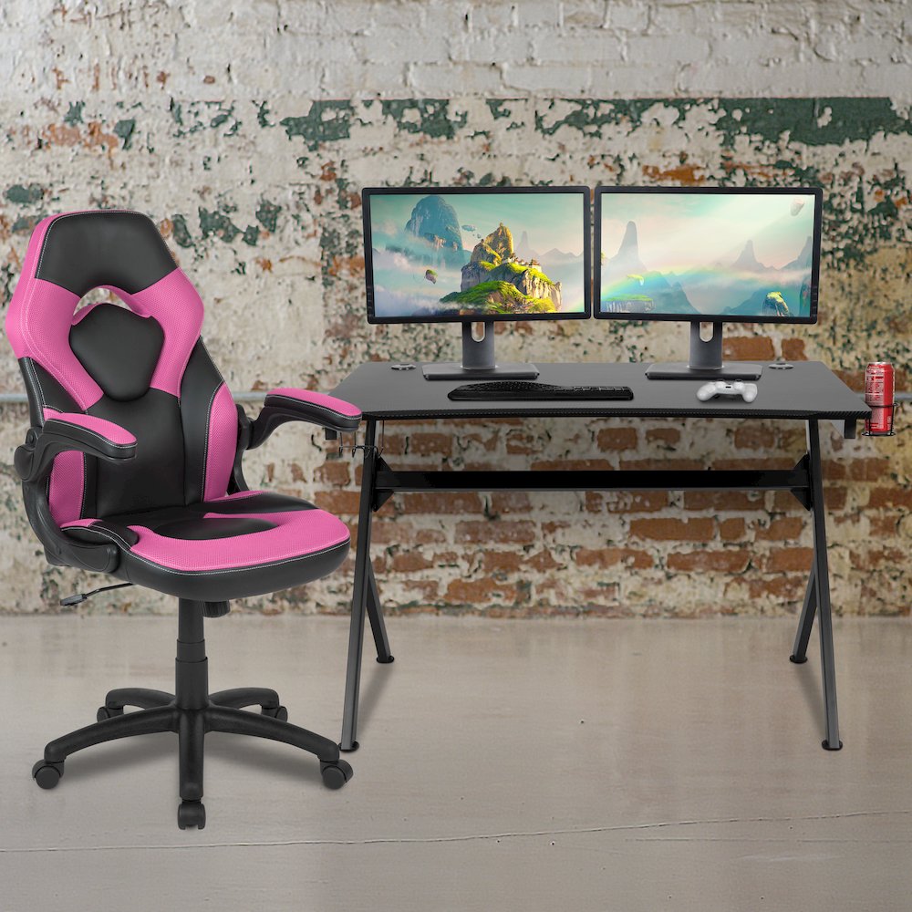 Black Gaming Desk and Pink/Black Racing Chair Set