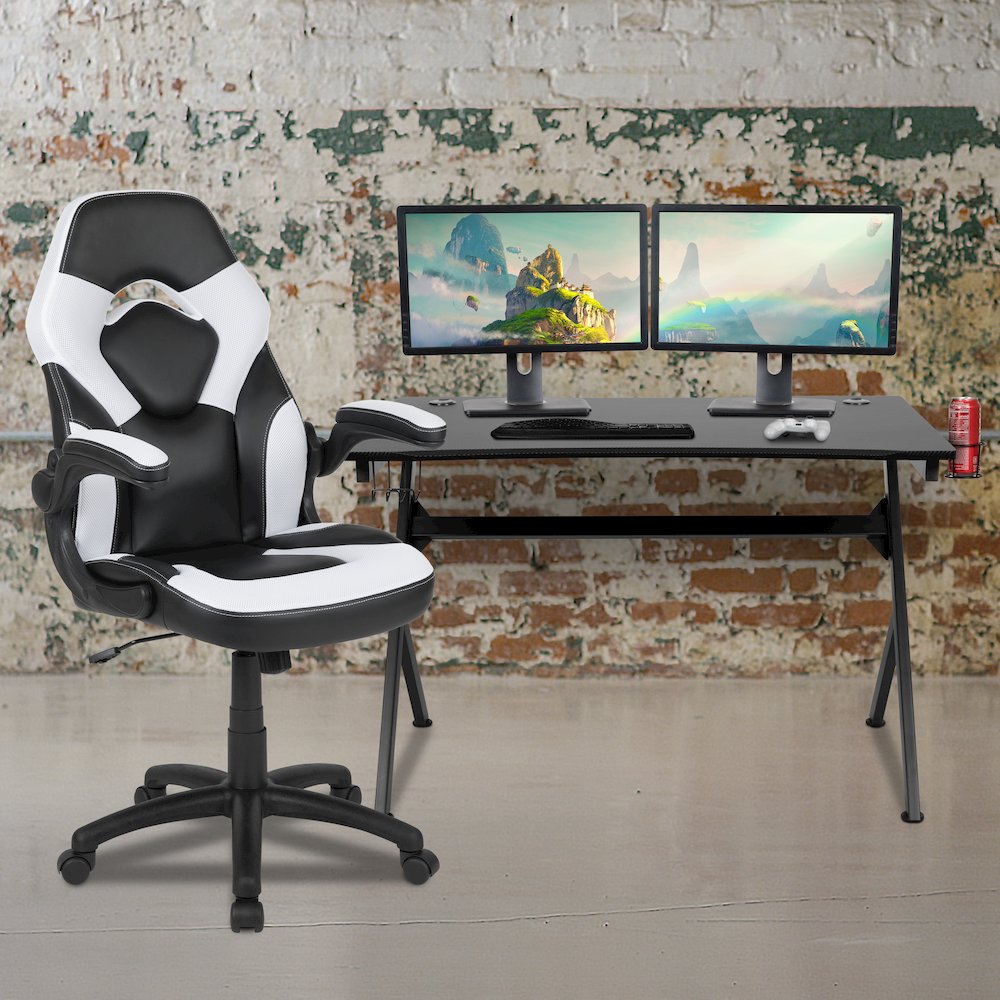Black Gaming Desk and White/Black Racing Chair Set