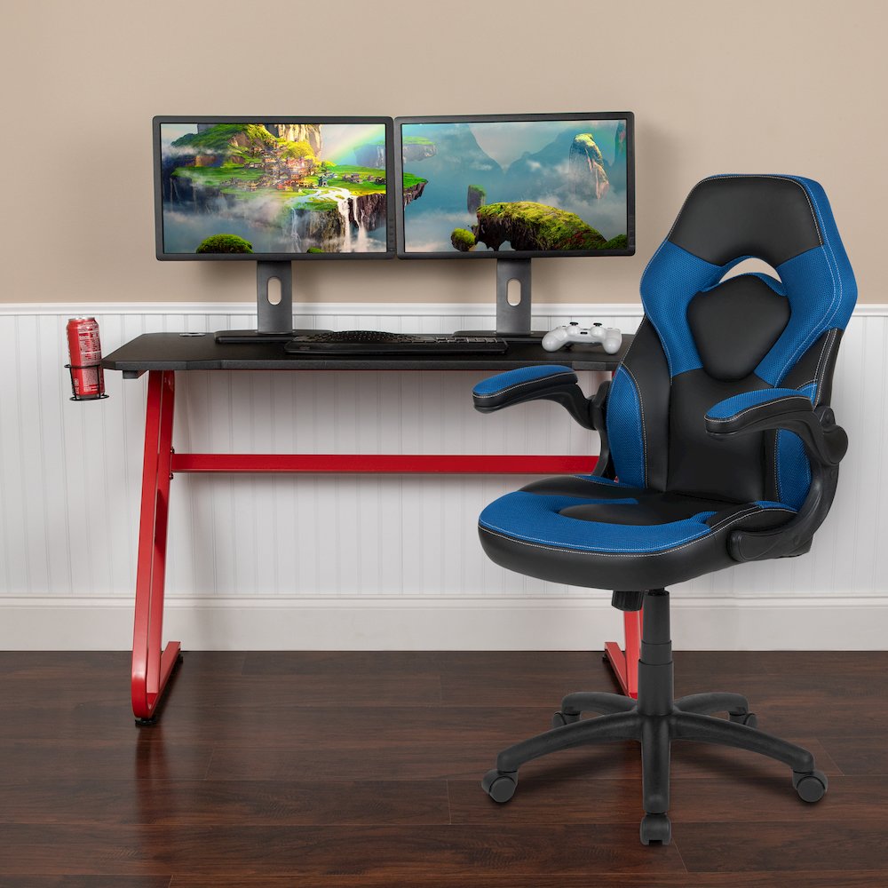Red Gaming Desk and Blue/Black Racing Chair Set
