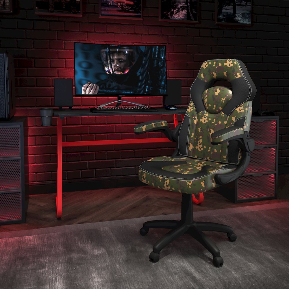 Red Gaming Desk and Camouflage/Black Racing Chair Set