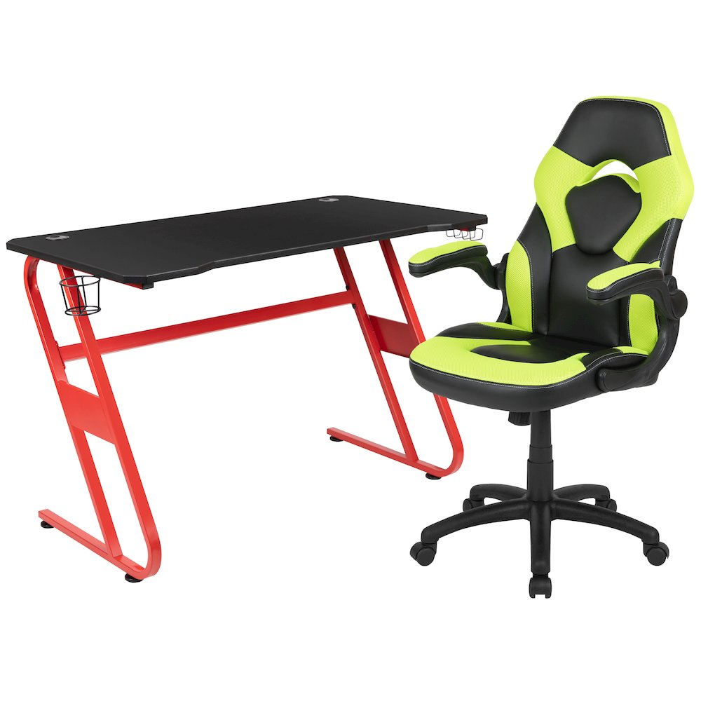 Red Gaming Desk and Green/Black Racing Chair Set