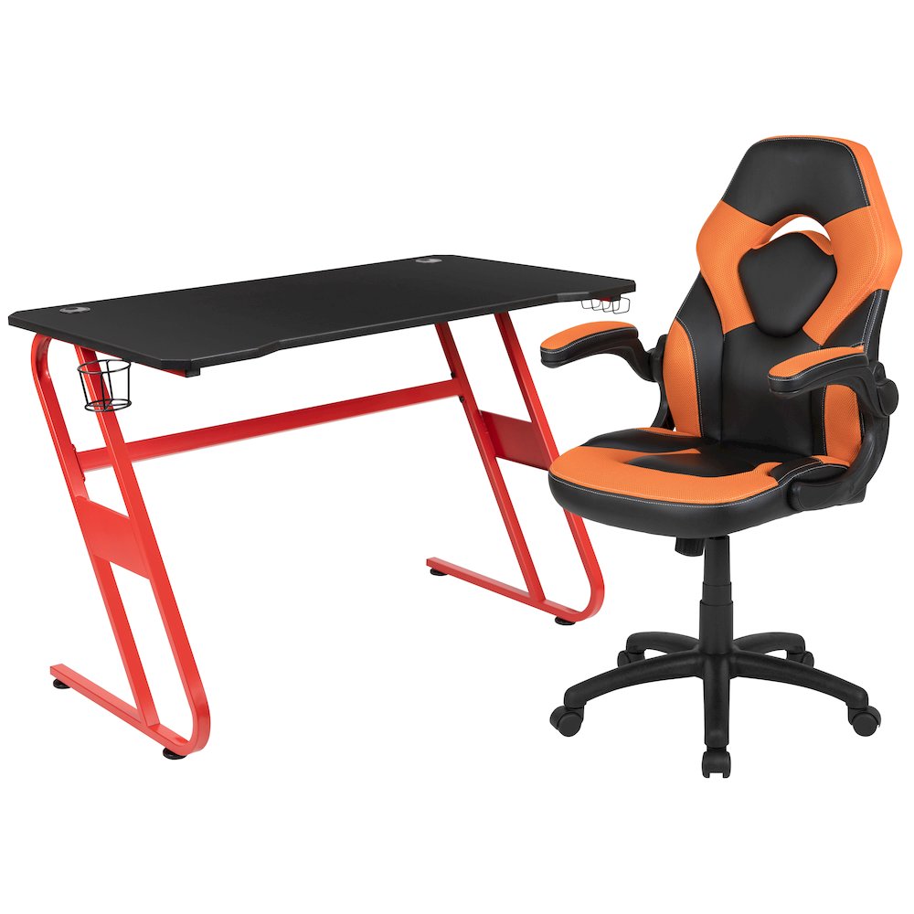 Red Gaming Desk and Orange/Black Racing Chair Set