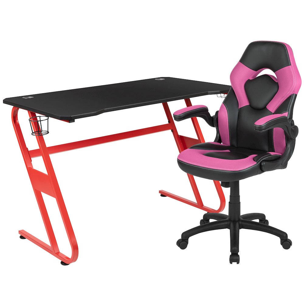 Red Gaming Desk and Pink/Black Racing Chair Set