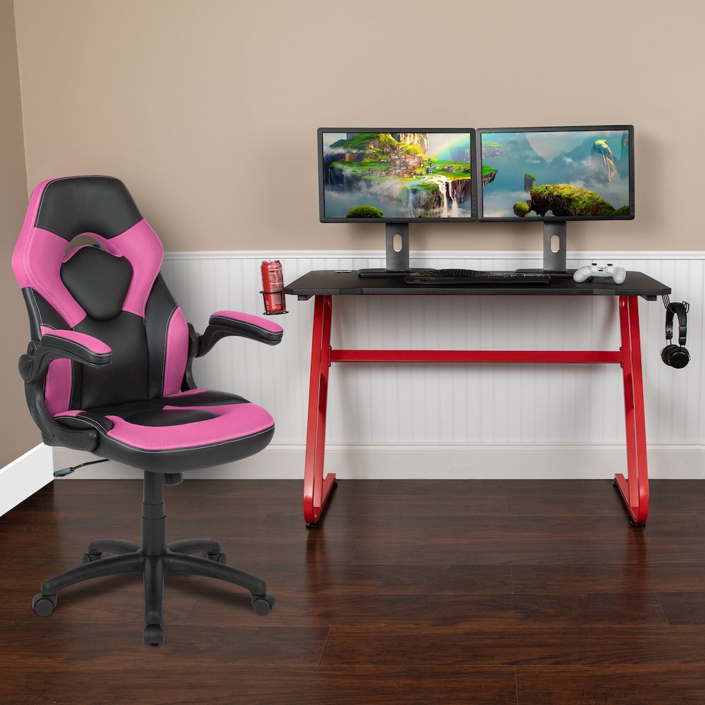 Red Gaming Desk and Pink/Black Racing Chair Set
