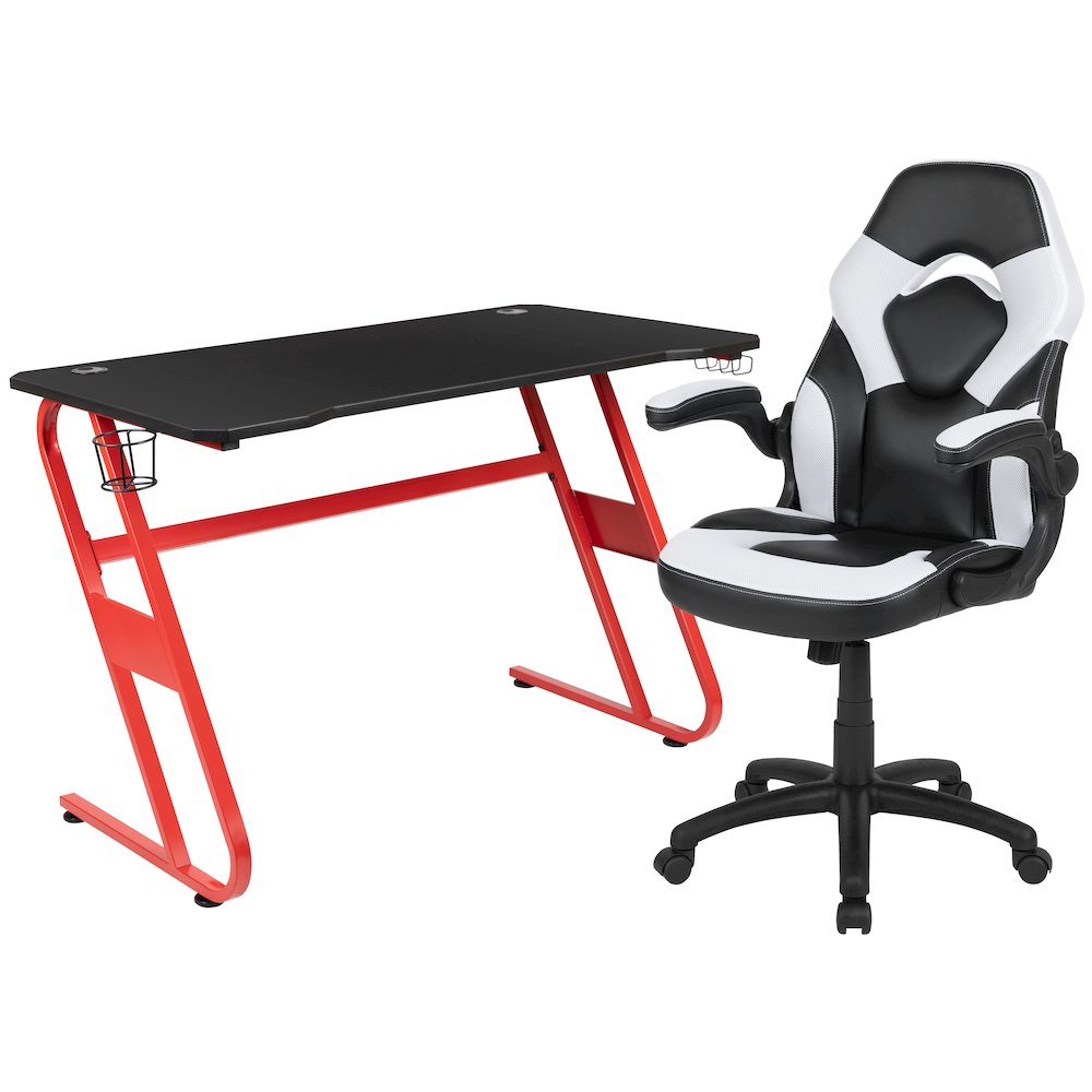 Red Gaming Desk and White/Black Racing Chair Set