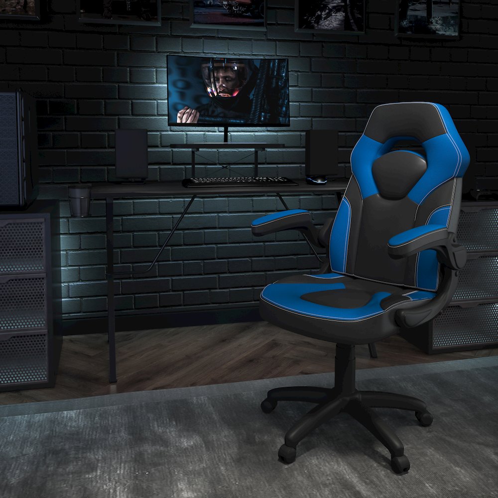 Black Gaming Desk and Blue/Black Racing Chair Set