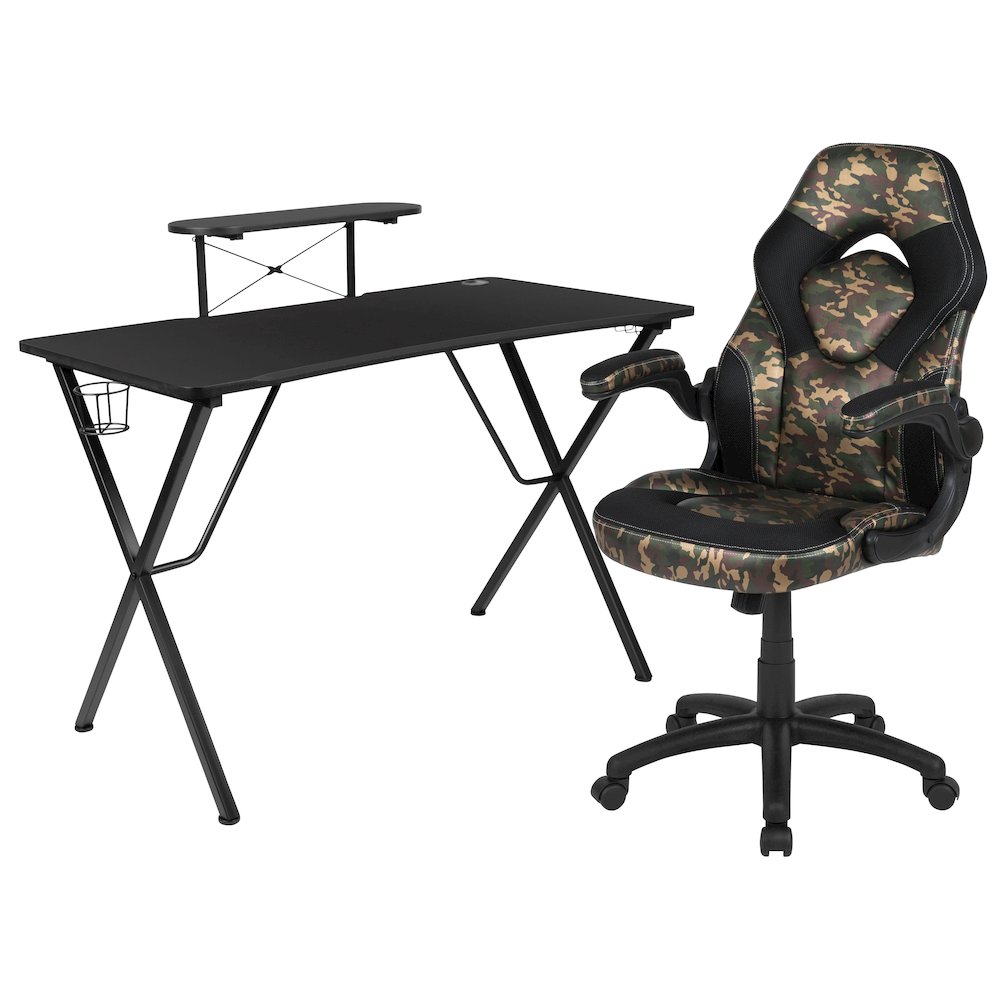 Black Gaming Desk and Camouflage/Black Racing Chair Set