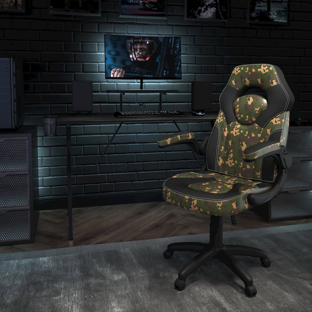 Black Gaming Desk and Camouflage/Black Racing Chair Set