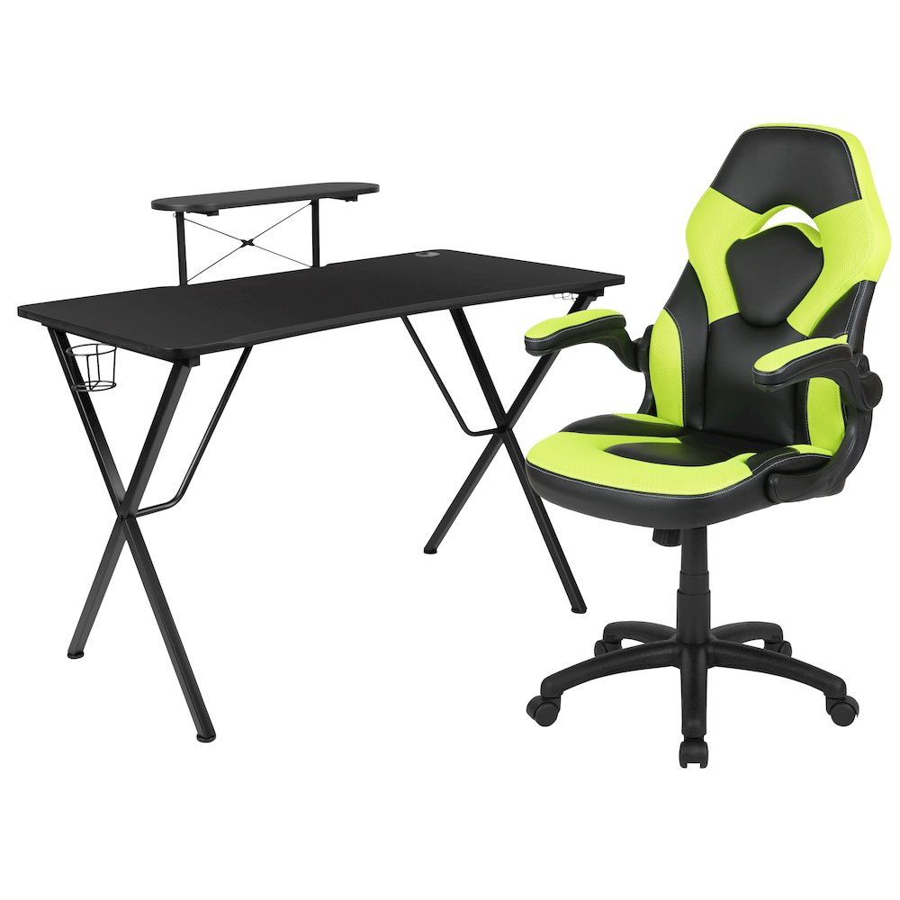Black Gaming Desk and Green/Black Racing Chair Set