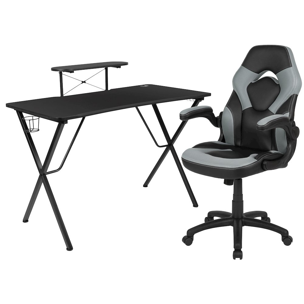 Black Gaming Desk and Gray/Black Racing Chair Set