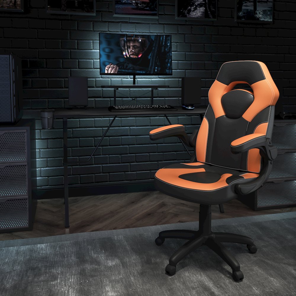 Black Gaming Desk and Orange/Black Racing Chair Set
