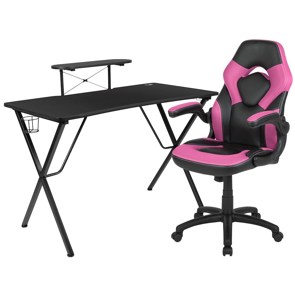 Black Gaming Desk and Pink/Black Racing Chair Set
