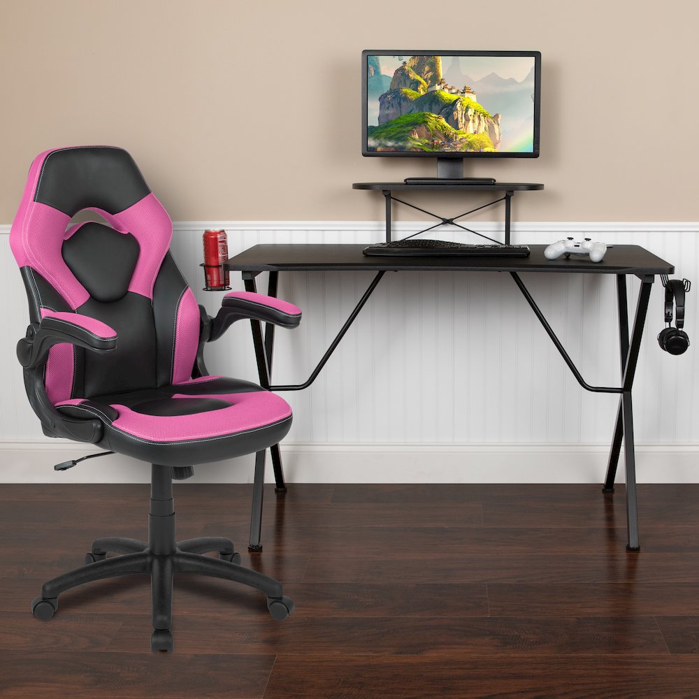 Black Gaming Desk and Pink/Black Racing Chair Set